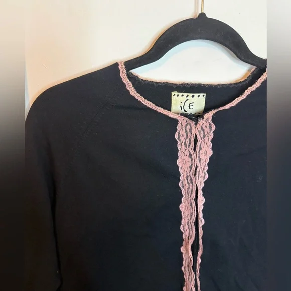 Ice Vintage Y2K Black Silk Baby Pink Lace Trim Cardigan - Picture 4 of 4